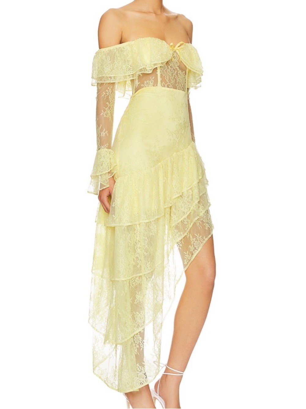MAJORELLE Yellow One-Shoulder Lace High-Low Dress